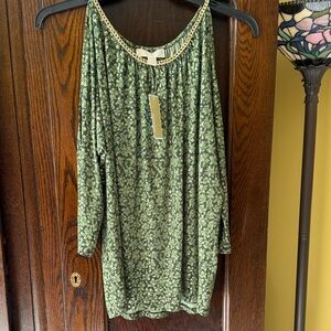 Michael Kors Olive Green & Gold Floral Cold-Shoulder Bracelet Sleeve Top